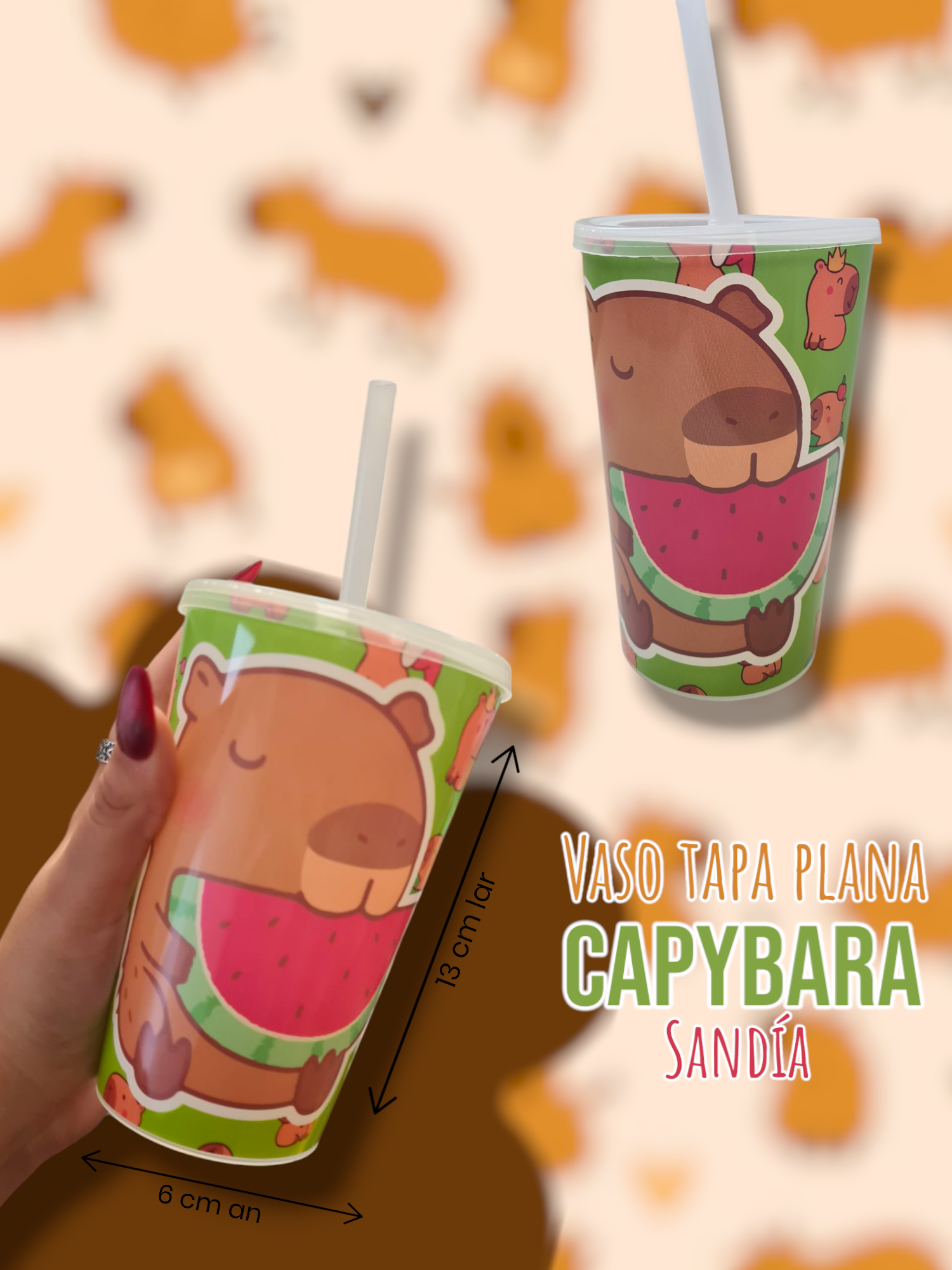 Vaso Tapa Plana con Sorbete Con Sorbete Capybara Sandia